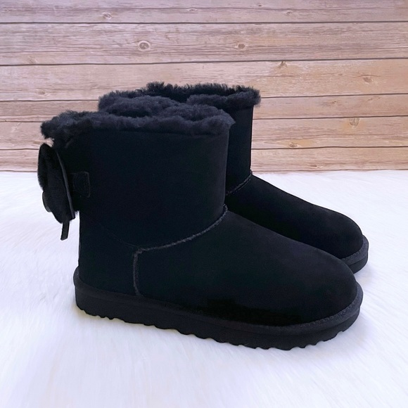 UGG Classic Double Bow Mini Black Suede Boots - Picture 3 of 9